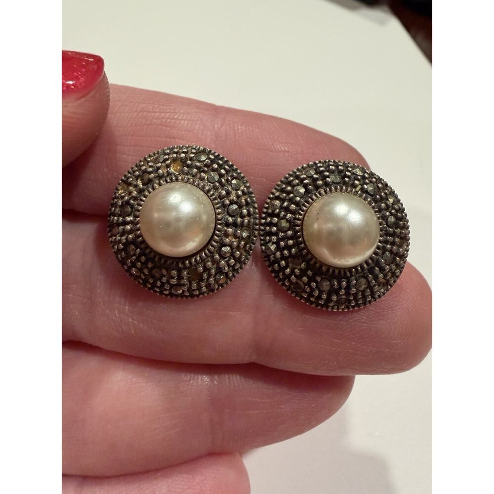 Vintage 925 Sterling Marcasite Pearl Earrings Circular 6.7 g Missing Stones